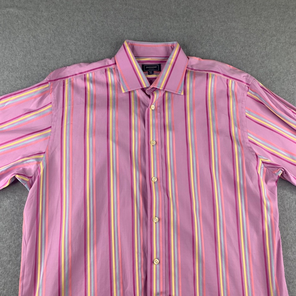 Duchamp London Button Up Shirt Mens 16.5 Pink‎ Striped French Cuff Made in Italy